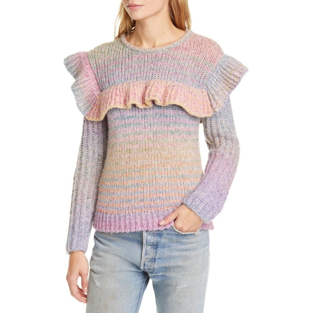 LoveShackFancy Yumi Pastel Rainbow Ruffle Space Dye Knit Sweater Pink Purple - Picture 5 of 13
